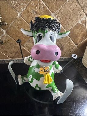 Green and White Skiing Cow Figurine Toy with Pink Snout - Unbranded